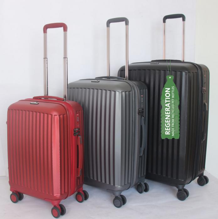 RPET luggage set are made of RPET material created from 100 post-consumer recycled PET bottles.